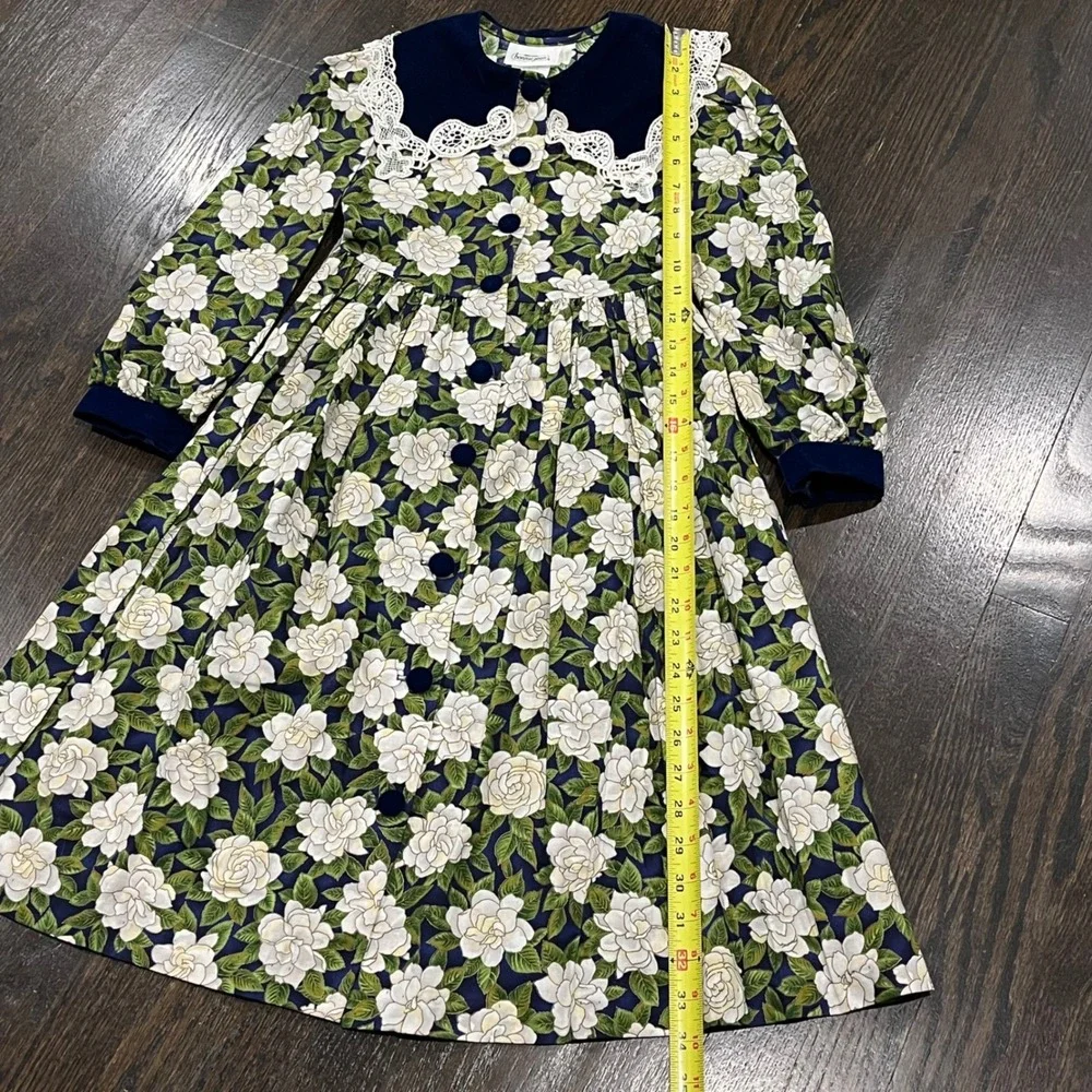 Bonnie Jean Dress Floral Velvet Navy Blue White Roses Lace Collar‎ Girls's 7